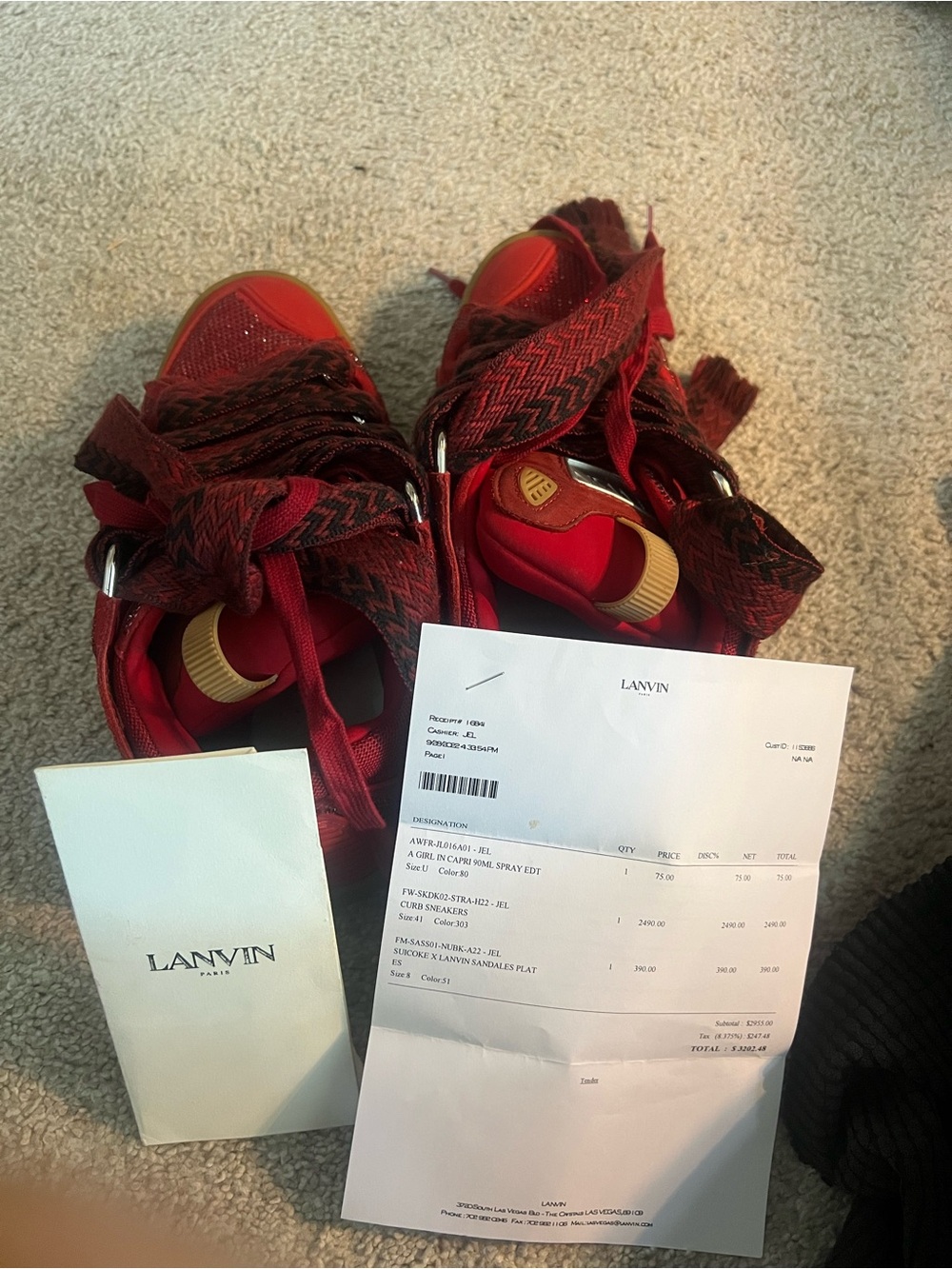 Lanvin Red and Burgundy Textile & Leather High-Top Sneakers